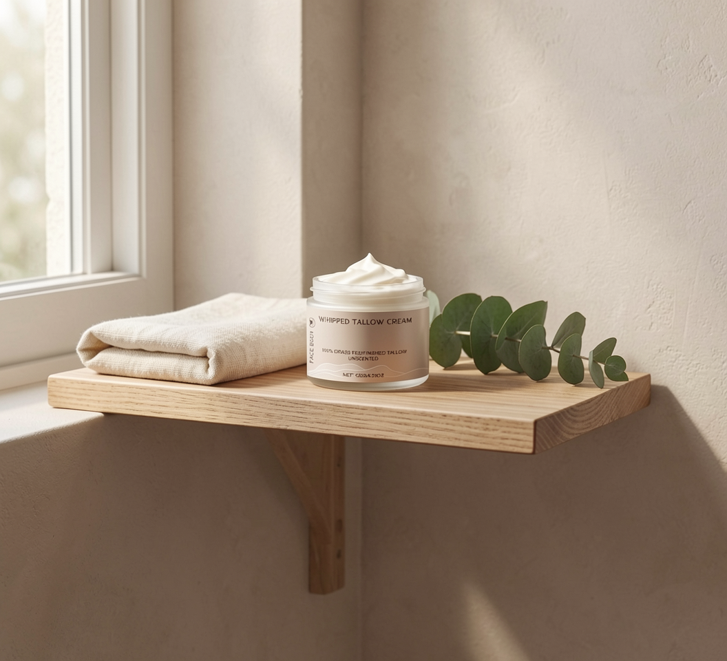 Pinecrest Reset jar on a wooden shelf beside folded towels in window light