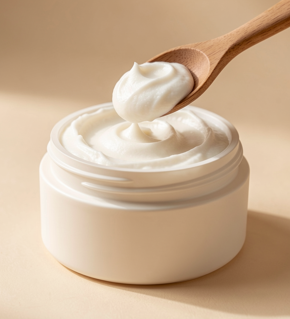A wooden spoon lifting whipped tallow balm from the Pinecrest Reset jar