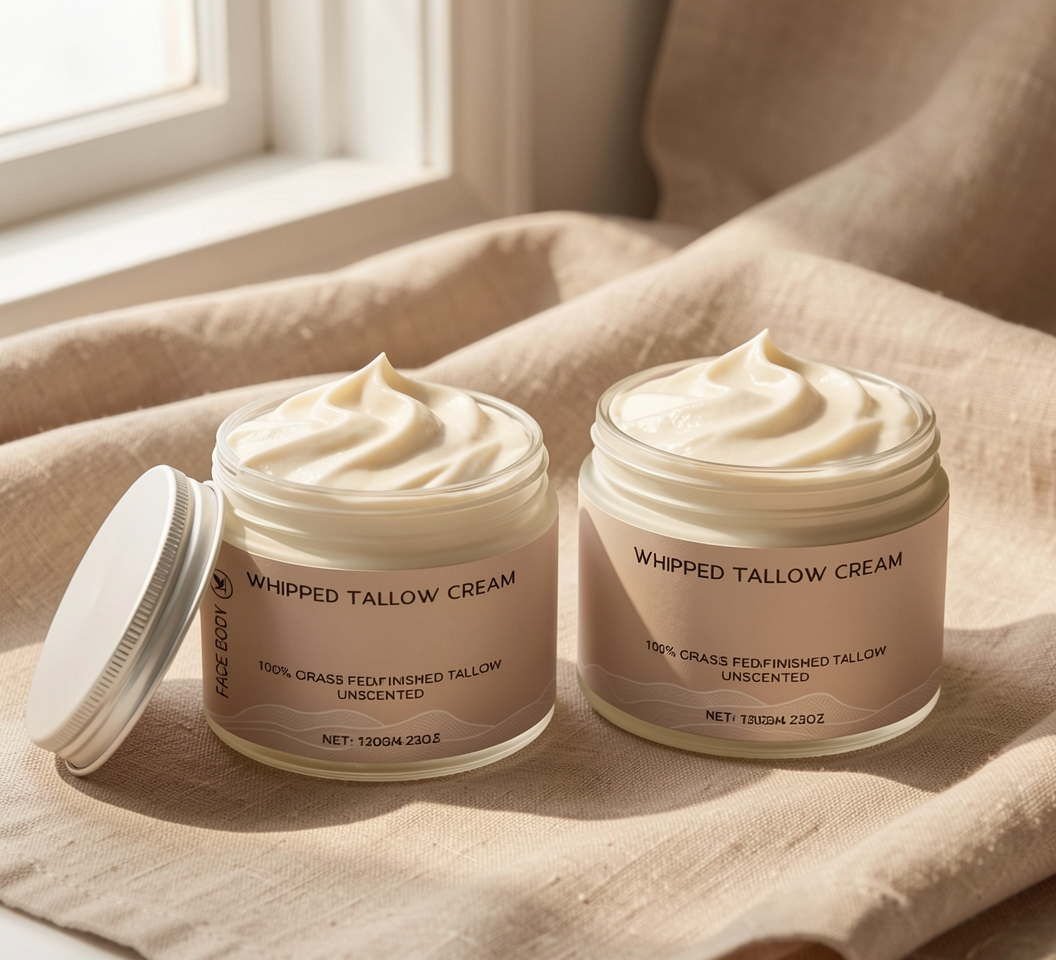 Two open jars of Pinecrest Reset whipped tallow on linen in daylight