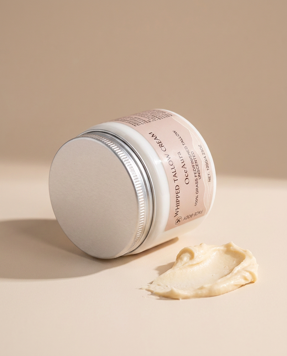 OceAura Whipped Tallow Cream jar angled with texture