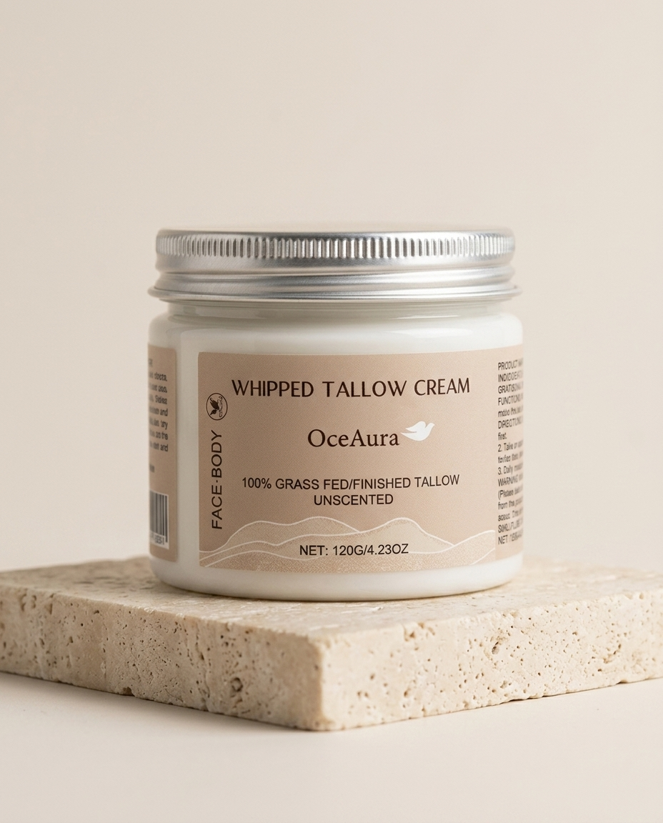 OceAura Whipped Tallow Cream jar on cream surface